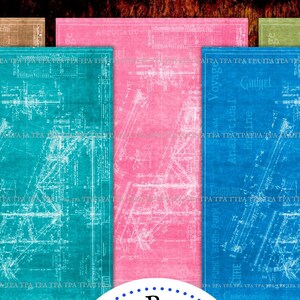 Blueprint steampunk junk journal pages, fundo para criação de cartões, várias cores, A4, 300 dpi, 5 JPEGs