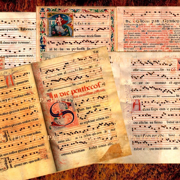 Medieval music junk journal papers, old scripture, grungy card making and mixed media supply, A4, 6 JPEGs, "Monastery 1327",