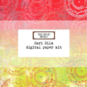 Sari Silk themed, handprinted, digital paper kit, junk journal, cardmaking, book binding supply, gift wrap