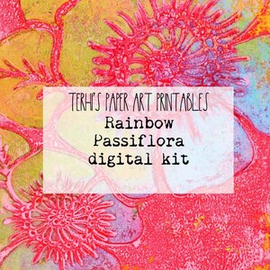 Rainbow Passiflora digital paper kit, handprinted floral pages, junk journal tags, journal cards, tabs, endpapers