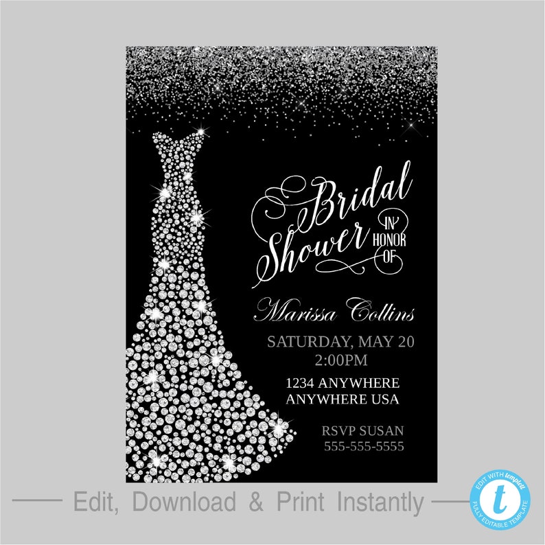 Sequin Bridal Shower Invitation Glitter Elegant Bridal Shower Invitation Wedding Dress Bridal Shower Invite 026 Template Diamond