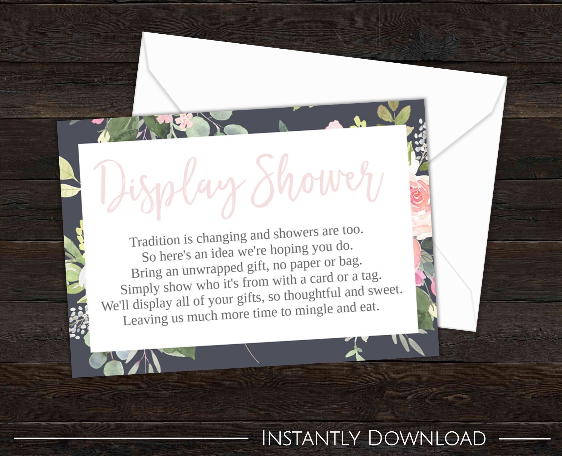 Bridal Shower Invite Insert, Display Shower Card, Floral, Navy, Blush
