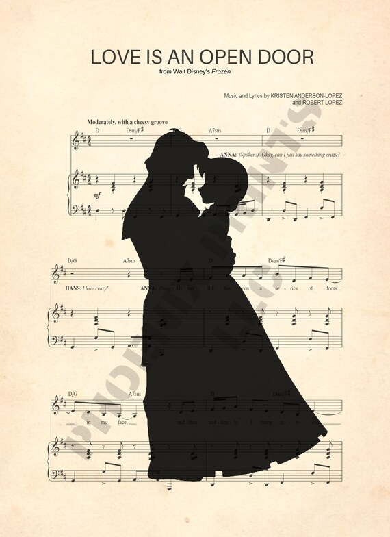 Frozen Anna And Kristoff Black Silhouette Love Is An Open Door Sheet Music Art Disney Anniversary Gift Idea Frozen Valentines Day Gift