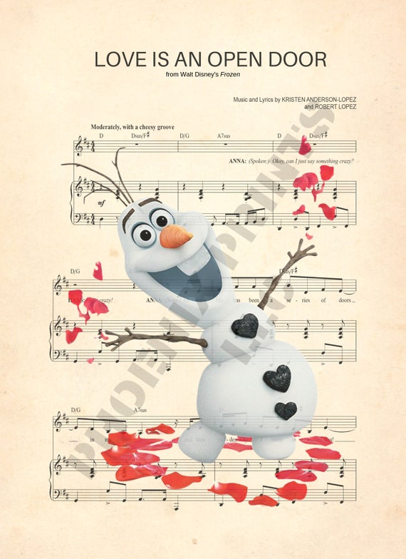Frozen Olaf Love Is An Open Door Sheet Music Art Disney Anniversary Gift Idea Frozen Valentines Day Gift
