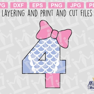 May include: A blue number four with a white mermaid scale pattern and a pink bow on top. The number is layered for cutting and printing.