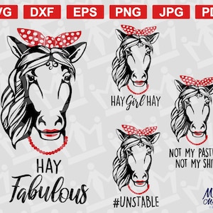 Könnte beinhalten: Eine Schwarzweißillustration eines Pferdes, das ein rotes Bandana mit weißen Punkten und eine rote Halskette trägt. Das Pferd hat den Text "HAY Girl HAY" darüber und "HAY Fabulous" darunter.