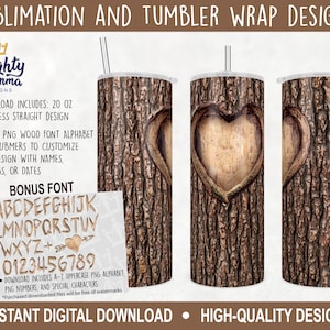 May include: A sublimation design for a 20 ounce tumbler featuring a tree bark pattern with a heart-shaped cutout. The design includes a bonus wood font alphabet and numbers for customization.  "Download includes: 20 oz seamless straight design. Bonus PNG wood font alphabet and numbers to customize the design with names, sayings, or dates.  Bonus Font: ABCDEFGHIJK LMNOPQRSTUV WXYZ+ 0123456789 Download includes A-Z uppercase PNG alphabet, PNG numbers, and special characters. *Purchased downloaded files will be free of watermarks. Instant Digital Download - High-Quality Design"