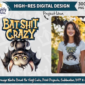 Puede incluir: Un diseño digital que presenta un murciélago de dibujos animados con el texto "Bat Shit Crazy". El diseño se muestra en una camiseta blanca que lleva una persona de pie frente a un fondo frondoso.