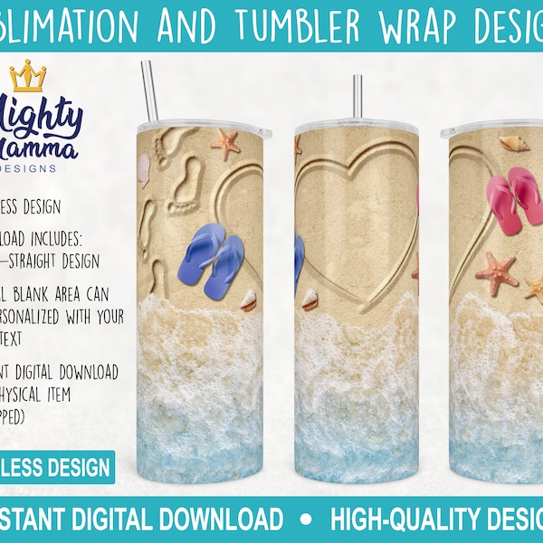 Blank Heart Sandy Beach Design - 20oz Straight Tumbler Wrap for Sublimation Summer Ocean Sand Flipflops Wave Love Personalize Valentines