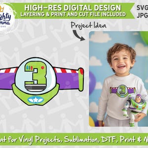 May include: A green and purple space ranger belt with a number 3 on it. The belt is a digital design file for crafting projects like vinyl, sublimation, and DTF.