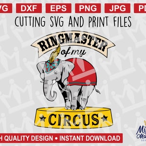 Puede incluir: Un diseño digital con un elefante de dibujos animados que lleva un disfraz rojo y azul. El elefante está de pie sobre una plataforma amarilla con las palabras "Ringmaster of my Circus" encima.