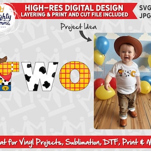 May include: A digital design featuring the word "TWO" in a cowboy theme. The letters are decorated with a red and yellow checkered pattern, a white and black cow print, and a sheriff's star. The design is perfect for a birthday party or other celebration.