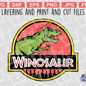 May include: A green dinosaur with a red bandana and a glass of wine in its hand. The dinosaur is inside a yellow and red circle with the text "WINOSAUR" in red and white letters.