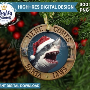 Here Comes Santa Jaws - Round Christmas Ornament PNG Design for Sublimation, 3D carved wood funny Great White Shark Porthole Ocean Sea