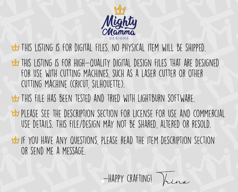 May include: A digital design file listing from Mighty Mamma Designs. The text states that the listing is for digital files, and no physical item will be shipped. The files are designed for use with cutting machines, such as a laser cutter or Cricut.