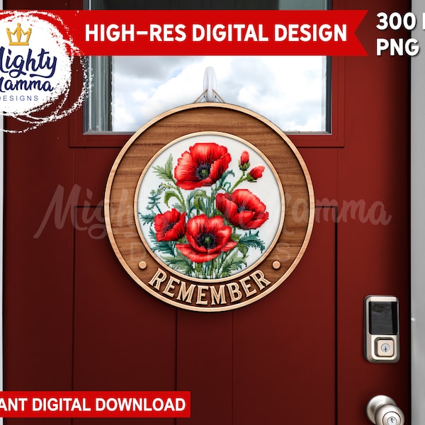 Remember - Wood Round PNG Door Design for Sublimation, Poppies Cross Stitch Remembrance Day Canada Lest We Forget November 11 Welcome Sign