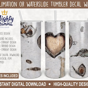 Heart Tree Carving Blank Wrap Designs Tumbler Wrap Designs for Sublimation for 20oz & 30oz Tumblers, Heart Love Valentines Wood Bark Carving