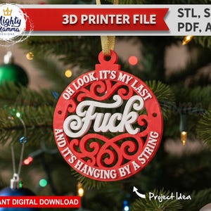 May include: Red and white Christmas ornament with the word "Fuck" in the center. The ornament has the text "OH LOOK, IT'S MY LAST" and "AND IT'S HANGING BY A STRING" around the edge. The ornament is hanging on a Christmas tree.