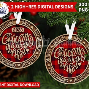 Coaching Is A Work of Heart - Round Christmas Ornament PNG Design for Sublimation, 3D Wood Effect  Coach Gift 2023 Hockey Football Baseball