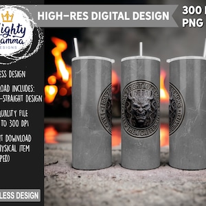 Op de afbeelding: Drie 20-ounce roestvrijstalen bekers met een grijs marmerpatroon en een zwart-witte afbeelding van een demon met de tekst "Don't Fight My Demons Keep Them Caffeinated" rond de demon.