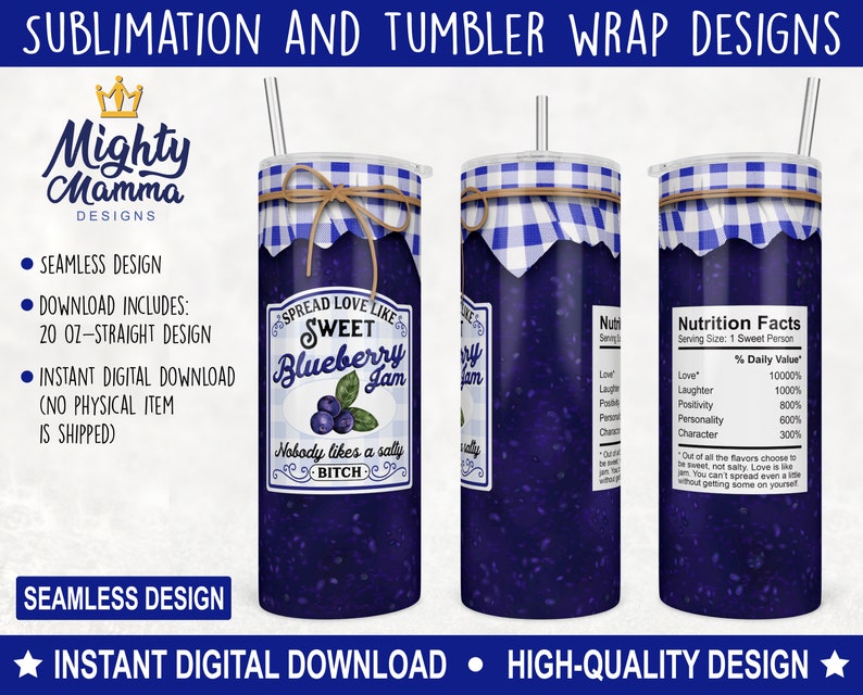 Spread Love Like Blueberry Jam, Nobody likes a Salty BITCH 20oz Straight Tumbler Wrap Design For Sublimation, Valentines Day Plaid Jar image 1