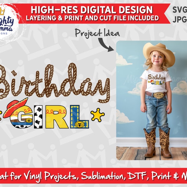 Birthday Girl - Toy Cowgirl SVG, PNG files | for Cricut (layered cut file for vinyl), Print, DTF, Sublimation, Toy, Jessie, Shirt Design