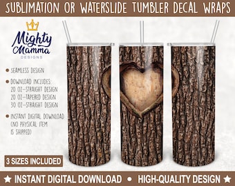 Heart Tree Carving Blank Wrap Designs Tumbler Wrap Designs for Sublimation for 20oz & 30oz Tumblers, Heart Love Valentines Wood Bark Carving