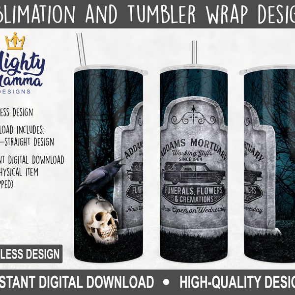 Addams Mortuary Monument 20oz Tumbler Wrap Design for Sublimation | Skull Halloween Grave Wednesday Funeral Headstone Graveyard Hearse