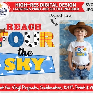 Toy Cowboy Reach Four The Sky SVG-png-bestand | 4 vierde verjaardag, houtachtig, sherrif, cricut, sublimatie, DTF, afdrukken, knippen, lagen, shirtontwerp
