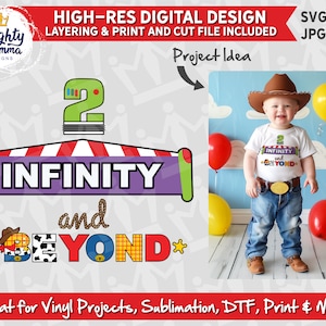 Puede incluir: Diseño digital con las palabras "INFINITY and BEYOND" en estilo caricatura. Incluye el número 2 verde y un niño con una camiseta a juego y sombrero de vaquero. Ideal para proyectos de vinilo.