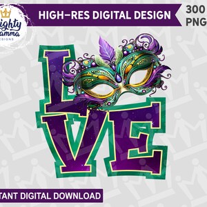 Amour Mardi Gras PNG conception graphique pour sublimation, DTF, impression, utilisation sur des chemises tasses cartes signes, masque New Orleans perles Bling LOVE Louisiane