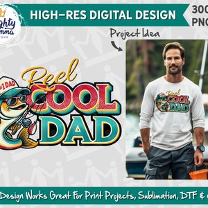Peut inclure: Une conception num&eacute;rique repr&eacute;sentant un poisson de dessin anim&eacute; tenant une canne &agrave; p&ecirc;che avec le texte "Reel Cool Dad" dans un style r&eacute;tro avec des couleurs rouge, jaune, bleu et vert. Le design est parfait pour un t-shirt, une tasse ou d'autres cadeaux personnalis&eacute;s.