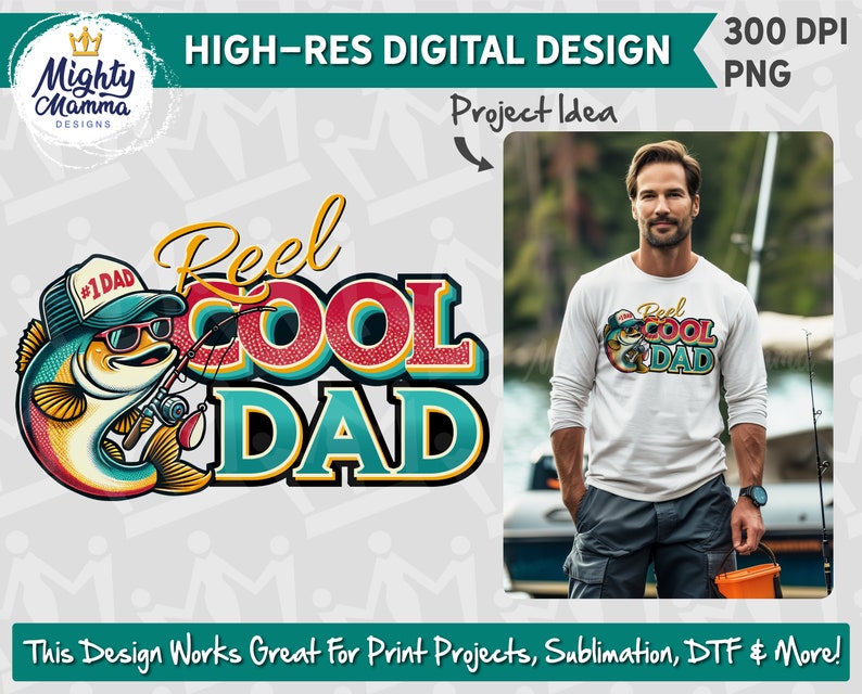 Peut inclure: Une conception num&eacute;rique repr&eacute;sentant un poisson de dessin anim&eacute; tenant une canne &agrave; p&ecirc;che avec le texte "Reel Cool Dad" dans un style r&eacute;tro avec des couleurs rouge, jaune, bleu et vert. Le design est parfait pour un t-shirt, une tasse ou d'autres cadeaux personnalis&eacute;s.