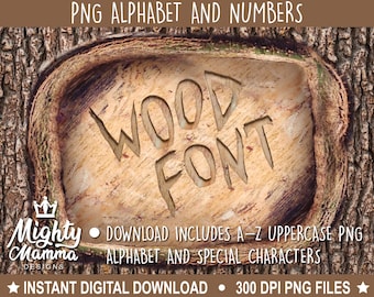 Wood Font Alphabet & Numbers PNG Font - Carved Tree Design Font, Use with Mighty Mamma Designs Blank Carved Tree Heart Valentines Designs
