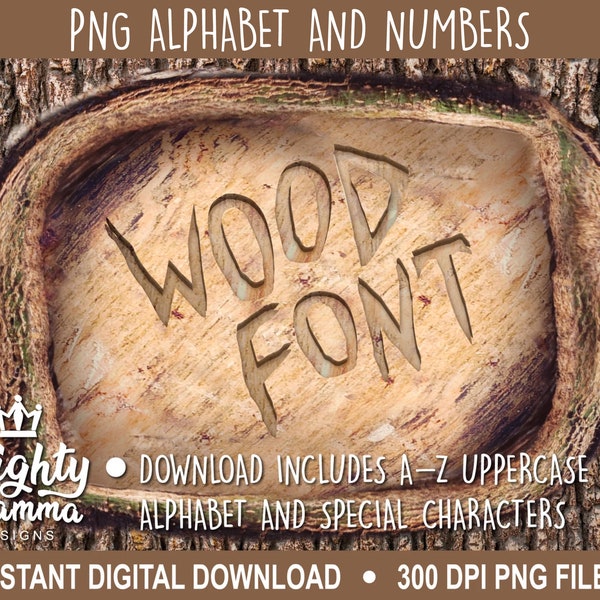 Wood Font Alphabet & Numbers PNG Font - Carved Tree Design Font, Use with Mighty Mamma Designs Blank Carved Tree Heart Valentines Designs