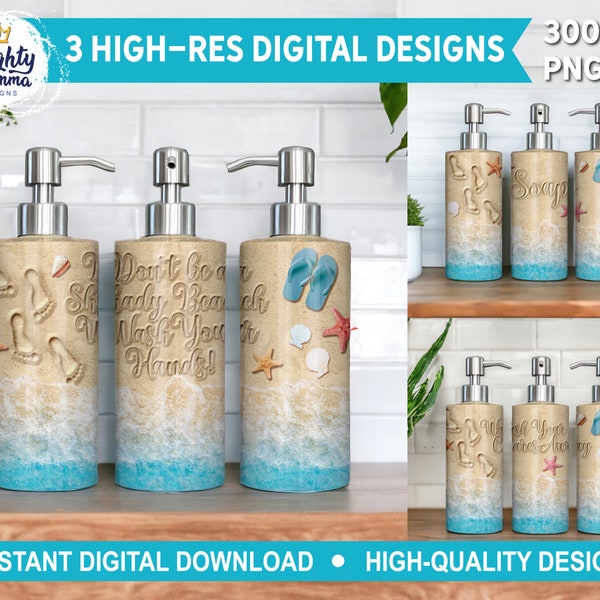 Beach Hand Soap PNG Design Bundle | Wash Your Cares Away | 18oz Pump Dispenser Wrap, Sublimation, Funny Ocean Shady Beach Bitch Tropical