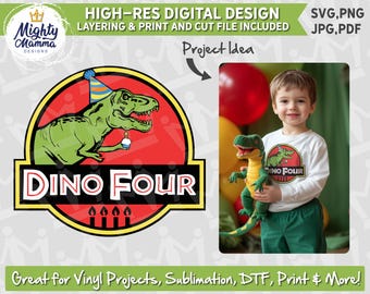 May include: A digital design featuring a green dinosaur wearing a party hat and holding a cupcake, with the text "Dino Four." The design includes SVG, PNG, JPG, and PDF files. A child is wearing a shirt with a similar design and holding a dinosaur toy.