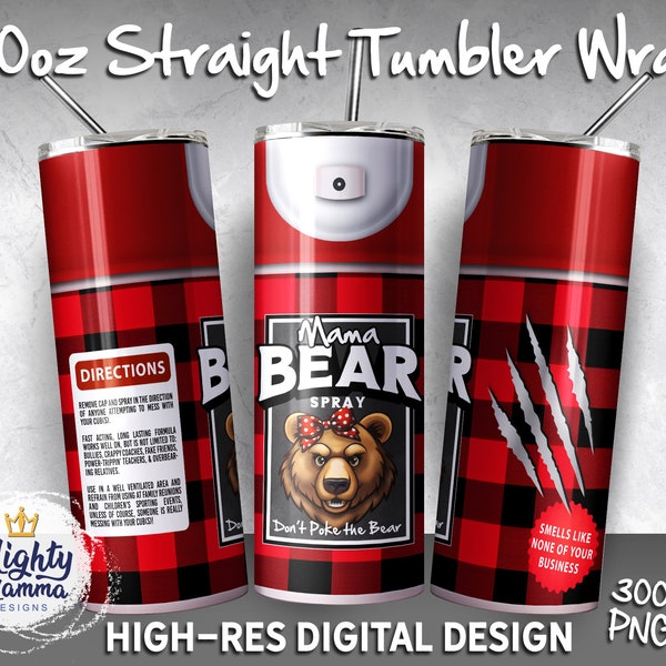 Mama Bear Spray Can | 20 oz Straight Tumbler Sublimation Design | Digital Download File | Mother's Day, Funny, Spray Can, Red Buffalo Plaid