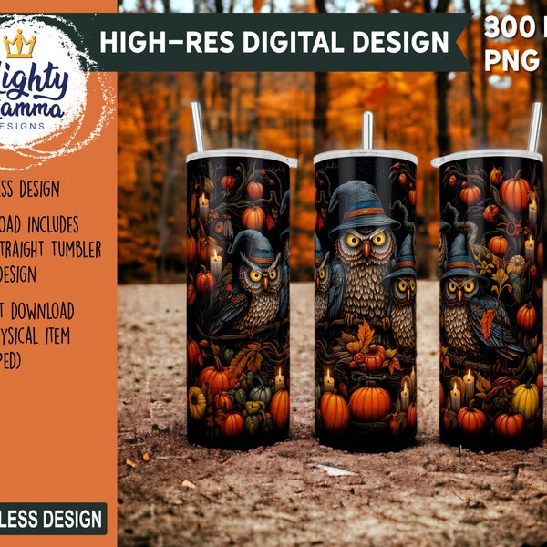 Halloween Owl Witches Seamless 20oz Tumbler Wrap Design for Sublimation | Boho Pumpkins Candles Witch Night Owls Flowers | PNG graphic art