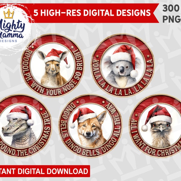 Australian Animals Christmas Carols Bundle Round Ornament PNG Design for Sublimation 3D Effect Kangaroo Koala Crocodile Dingo Emu Australia