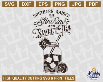 May include: Southern Raised on Sunshine and Sweet Tea graphic design with a mason jar filled with iced tea and a lemon slice. The design is in black and white with a brown background.