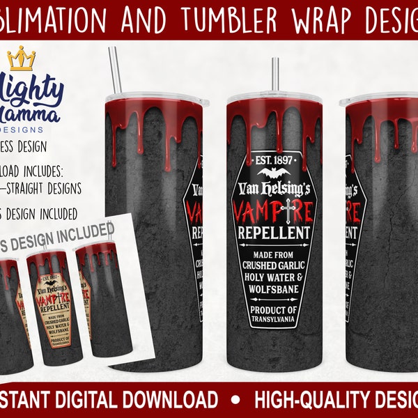 Vampire Repellent 20oz Straight Tumbler Full Wrap Design - Van Helsing Coffin Label Garlic Transylvania Blood Cross Count Dracula Halloween