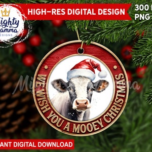 Wir Wünschen Ihnen ein Mooey Weihnachten - Runde Weihnachtsverzierung PNG Design für Sublimation, 3D geschnitzte Holz Landkuh Cute Santa Farm Lustig Rustikal