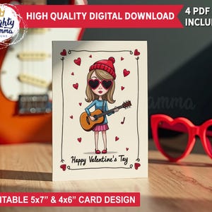 Happy Valentine&#39;s Tay Printable Card Download | Funny Parody Valentine&#39;s Day Card, Heart Glasses, PNG Digital File, Taylor Fan, Girl Guitar