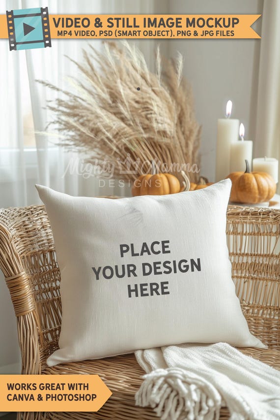Fall Scene Square Pillow MP4 Video, PSD (Smart Objects), PNG & JPG Editable Mockup Design Files | Classy Autumn Mockup Photo, Thanksgiving