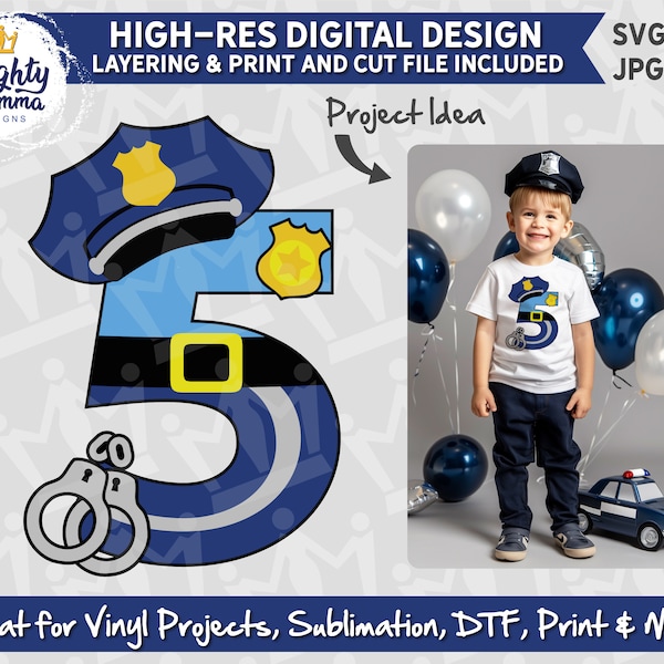 POLICE Officer # 5 SVG - Number five Police for fifth BIRTHDAY (files for layered cutting or png & jpg for print and cut). For personal use.