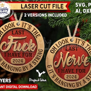 C'est la dernière baise que j'ai et c'est suspendu par une ficelle 2024 / boule de Noël ronde drôle découpé au laser fichier SVG, Glowforge nerf jurer