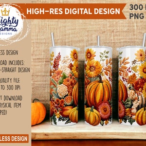May include: Three 20 ounce straight tumblers with a fall-themed design. The tumblers feature a white background with a colorful floral and pumpkin design. The design includes sunflowers, mums, leaves, and pumpkins in shades of orange, yellow, red, and green.