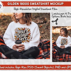May include: White sweatshirt mockup with a fall-themed design that says "Your Design Here" on the front. The sweatshirt is worn by a person sitting on a plaid blanket in a forest setting.