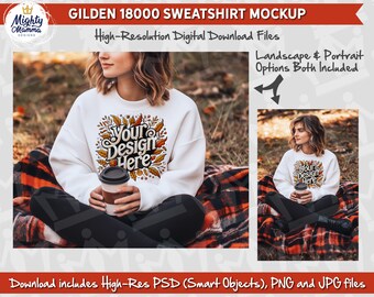 Mockup de moletom Gildan 18000 | Arquivos PNG e JPG de moletom Gildan 18000 | Mockup de moletom aFall Model | Objetos inteligentes PSD | Mockup de outono
